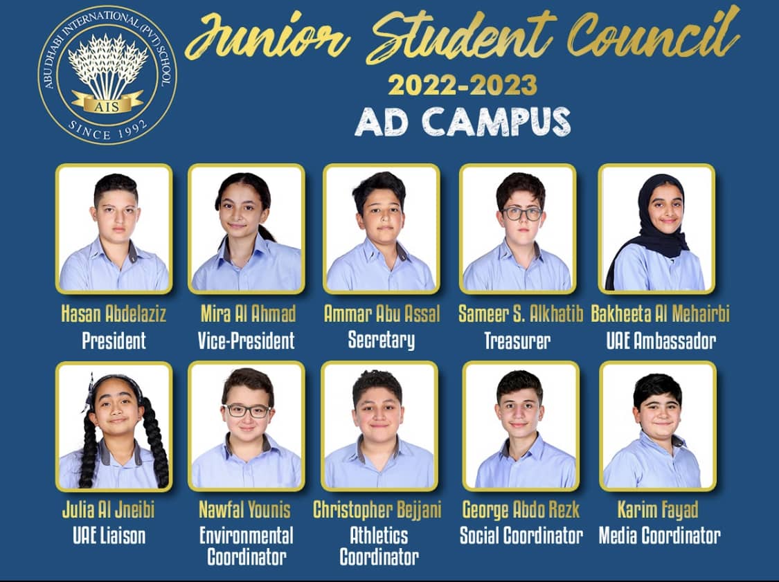 Junior Student Council of Abu Dhabi International School at the Abu Dhabi Campus, 2022-23
